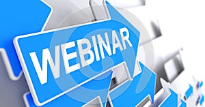 Webinar - Inscription on the Blue Arrow. 3D.