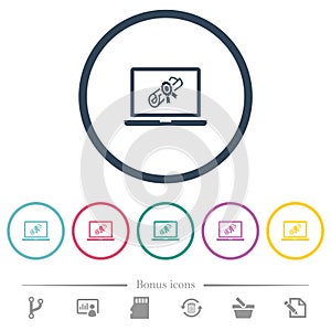 Webinar on laptop flat color icons in round outlines