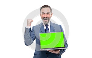 webinar pc advertisement. businessman presenting product. success. presentation on computer.