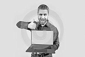 webinar pc advertisement. businessman presenting product. success. presentation on computer.