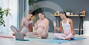 Webinar, pregnant or women in online class for yoga training, exercise or fitness workout in home studio. Pregnancy