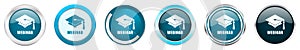 Webinar silver metallic chrome border icons in 6 options, set of web blue round buttons isolated on white background