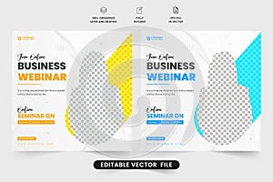 Webinar social media post vector for digital marketing. Online business advertisement template design with yellow and blue colors