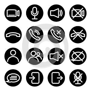 Webinar stream or video chat control icons. Speaker, microphone, video camera, phone, record and other related icons. Basic icons