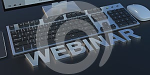 Webinar virtual concept. computer and text on a black desk background. 3d illustration