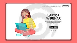 Webinar Watching Young Woman On Laptop Vector