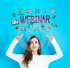 Webinar with young woman looking upwards