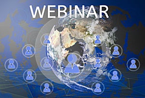 Webinars with Online Learners, abstract concept Conference icons group person and learning through E-learning technology, world as