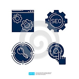 Webpage browser setting, SEO setting with gear wheel, target key keyword, internet marketing advertising target. SEO Search Engine