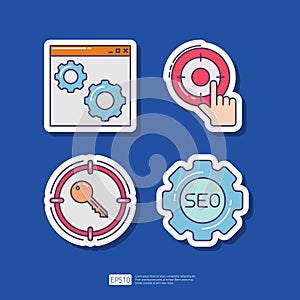 Webpage browser setting, SEO setting with gear wheel, target key keyword, internet marketing advertising target. SEO Search Engine