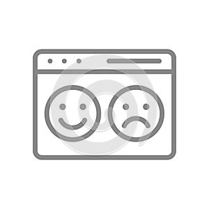 Webpage with happy and sad faces line icon. Website with positive and negative feedback symbol