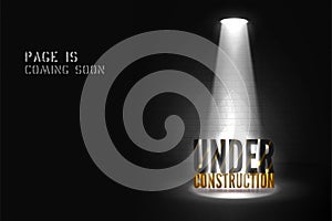 Webpage poster Under construction 3d text on light scene. Coming soon Website banner with spotlight