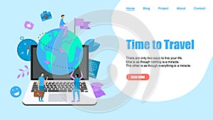 Webpage Template. Concept of Time to Travel. Planet Earth for travel flat design concept with two airplanes