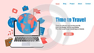 Webpage Template. Concept of Time to Travel. Planet Earth for travel flat design concept with two airplanes