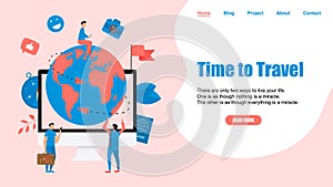 Webpage Template. Concept of Time to Travel. Planet Earth for travel flat design concept with two airplanes