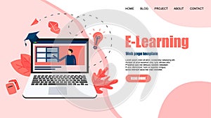 Webpage template with Online education or web course with distance teacher. E-learning concept