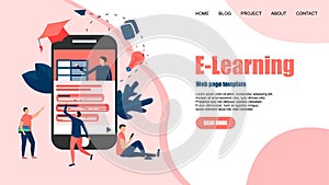 Webpage template with Online education or web course with distance teacher. E-learning concept