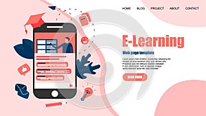 Webpage template with Online education or web course with distance teacher. E-learning concept