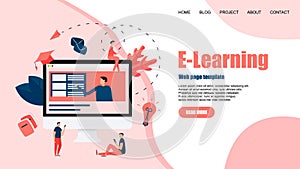 Webpage template with Online education or web course with distance teacher. E-learning concept