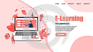 Webpage template with Online education or web course with distance teacher. E-learning concept