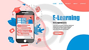 Webpage template with Online education or web course with distance teacher. E-learning concept