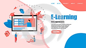 Webpage template with Online education or web course with distance teacher. E-learning concept