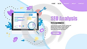 Webpage template. Seo analysis with search and magnifier on desktop. Business concept