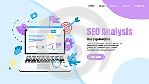 Webpage template. Seo analysis with search and magnifier on desktop. Business concept