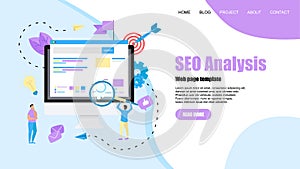 Webpage template. Seo analysis with search and magnifier on desktop. Business concept