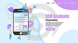 Webpage template. Seo analysis with search and magnifier on desktop. Business concept