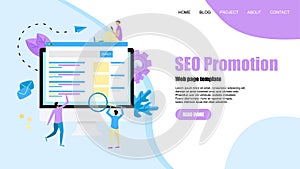 Webpage template. Seo analysis with search and magnifier on desktop. Business concept