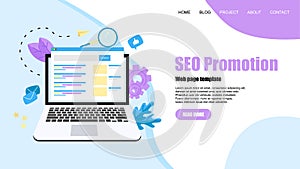 Webpage template. Seo analysis with search and magnifier on desktop. Business concept