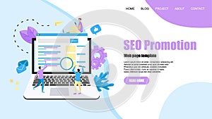 Webpage template. Seo analysis with search and magnifier on desktop. Business concept