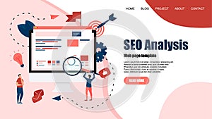 Webpage template. Seo analysis with search and magnifier on desktop. Business concept