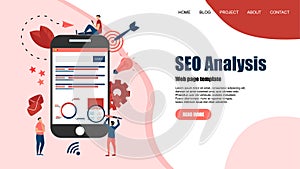 Webpage template. Seo analysis with search and magnifier on desktop. Business concept