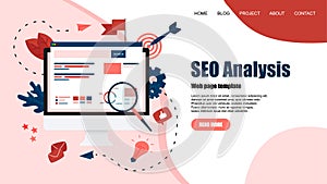 Webpage template. Seo analysis with search and magnifier on desktop. Business concept