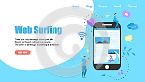 Webpage Template. Surfer surfing a wave web page vector illustration. Web page surfing concept