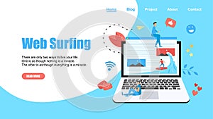 Webpage Template. Surfer surfing a wave web page vector illustration. Web page surfing concept