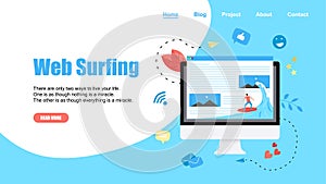 Webpage Template. Surfer surfing a wave web page vector illustration. Web page surfing concept