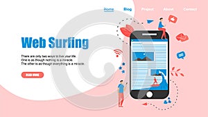 Webpage Template. Surfer surfing a wave web page vector illustration. Web page surfing concept.