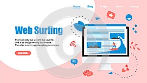 Webpage Template. Surfer surfing a wave web page vector illustration. Web page surfing concept.