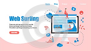 Webpage Template. Surfer surfing a wave web page vector illustration. Web page surfing concept.