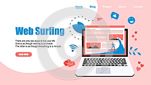 Webpage Template. Surfer surfing a wave web page vector illustration. Web page surfing concept.