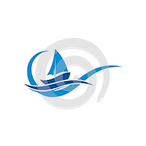 WebSailboat logo with Ocean wave sing & symbol,  water logo, river wave logo design template. ship logo design