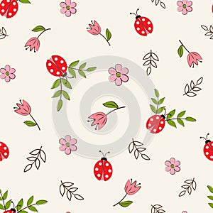 WebSeamless pattern with ladybugs and flowers on a white background in a flat style.