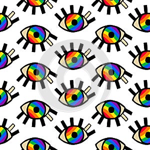 WebSeamless pattern with rainbow color eyes. Mystical print. Vector hand drawn repeat background design for fabric or wrap paper