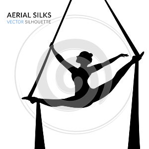 WebSilhouettes of a gymnast in the aerial silks. Vector illustration on white background. Air gymnastics concept