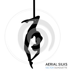 WebSilhouettes of a gymnast in the aerial silks. Vector illustration on white background. Air gymnastics concept
