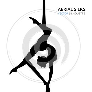 WebSilhouettes of a gymnast in the aerial silks. Vector illustration on white background. Air gymnastics concept