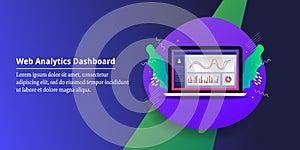 Website analytics, data, graph, chart, diagram usage from web application, displaying on laptop screen, information technology.